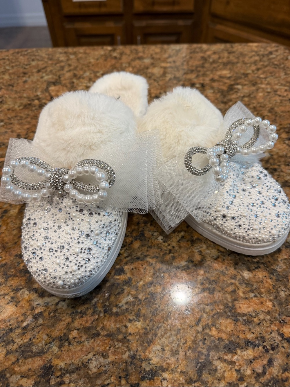 Gianni Bini White Rhinestone & Pearl Bow Slippers